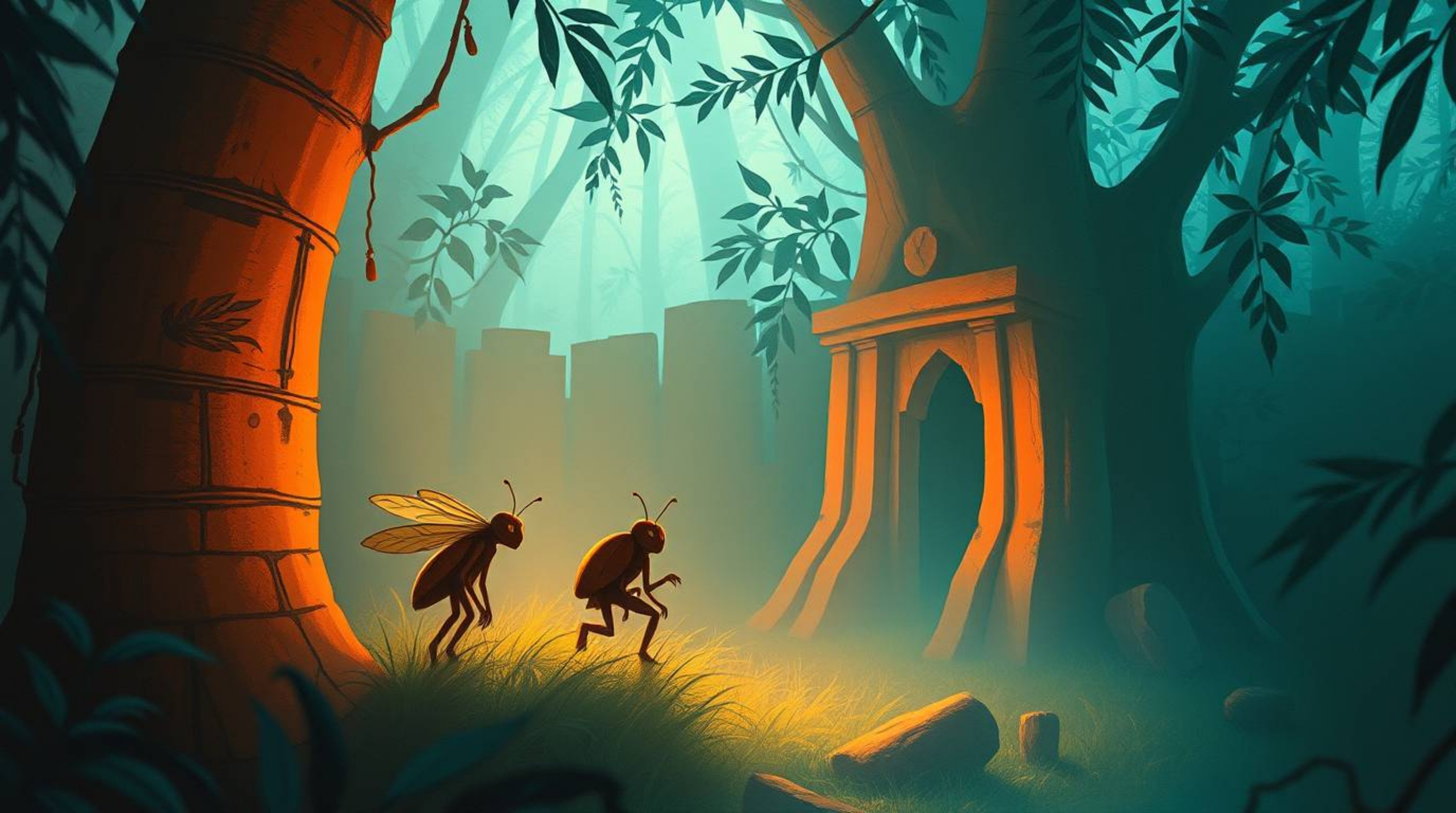 Explore a miniature world in this ethereal and spiritual artwork depicting a bug-sized hero venturing into a lush backyard ju