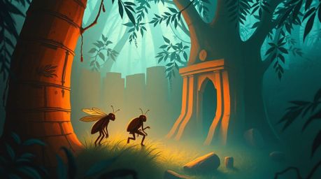 Explore a miniature world in this ethereal and spiritual artwork depicting a bug-sized hero venturing into a lush backyard ju