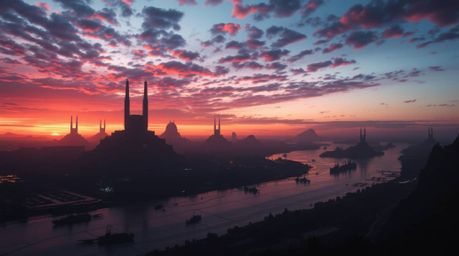 A breathtaking, large-scale depiction of a futuristic river delta bathed in twilight hues.  Silhouetted figures and heroic el