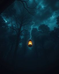 Capture the intense drama of a stormy night in a dark forest with a single glowing lantern. This image evokes a mystical, eth