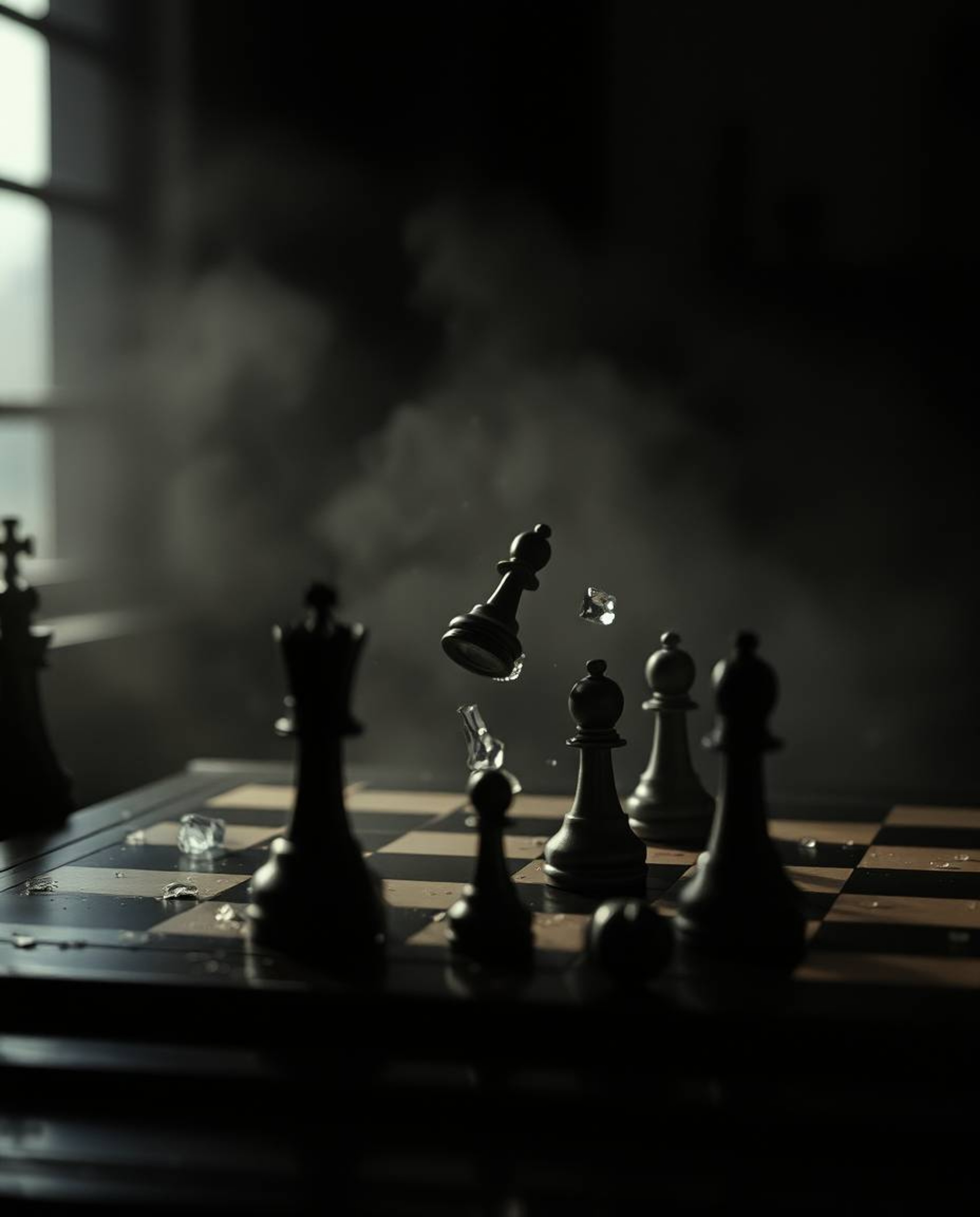 Discover a captivating surreal image: a chessboard frozen mid-destruction, pieces suspended in mid-air against a backdrop of 