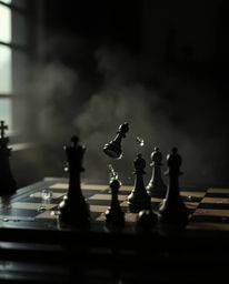 Discover a captivating surreal image: a chessboard frozen mid-destruction, pieces suspended in mid-air against a backdrop of 