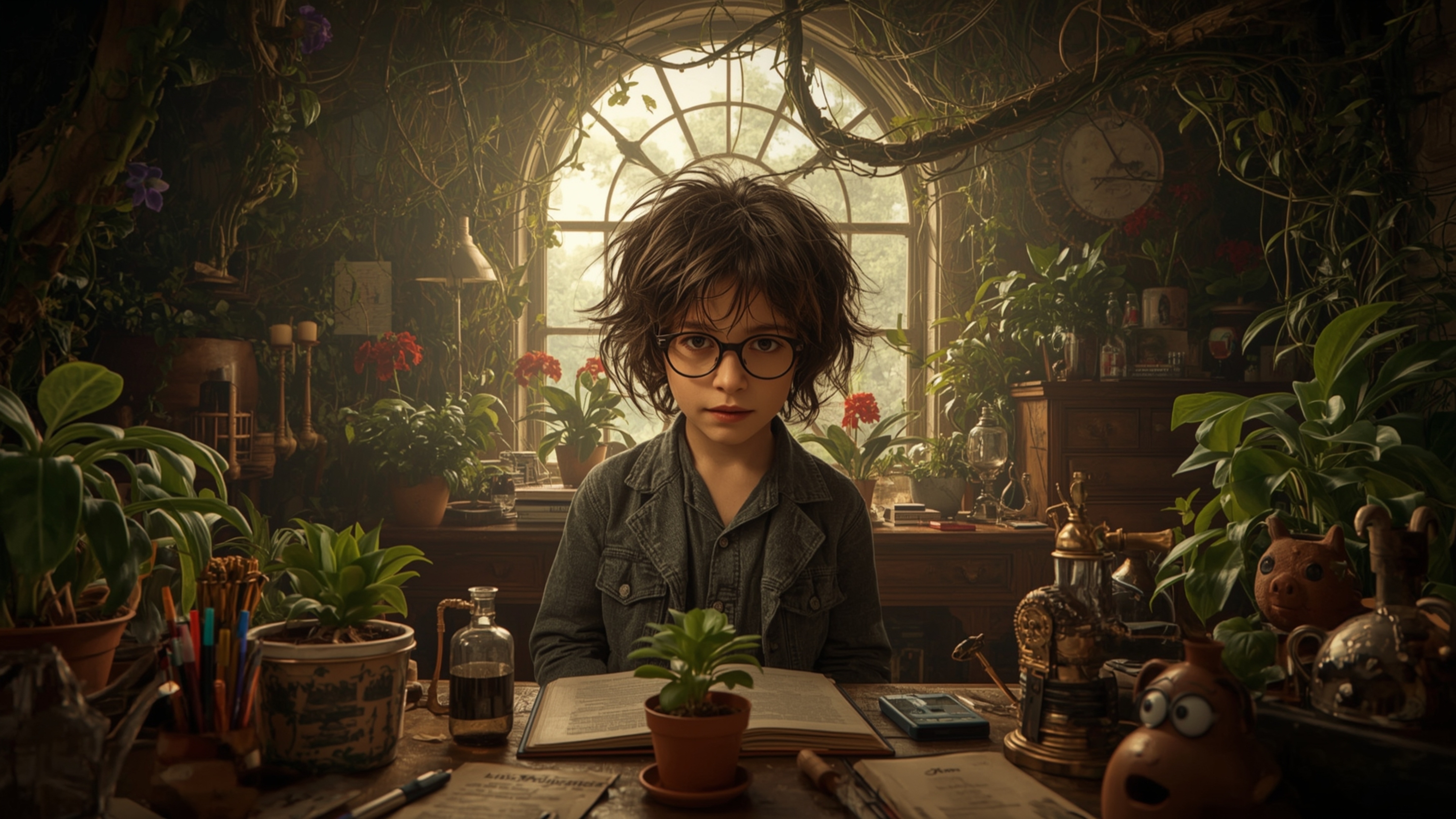 a dramatic, warm-lit photograph of a messy-haired, bespectacled prodigy, perhaps 12 years old, with a kind face and gentle ey