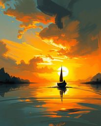 A digital sketch of a boat drifting on a sunset lake, employing loose painterly strokes, warm golden hour light, misty atmosp