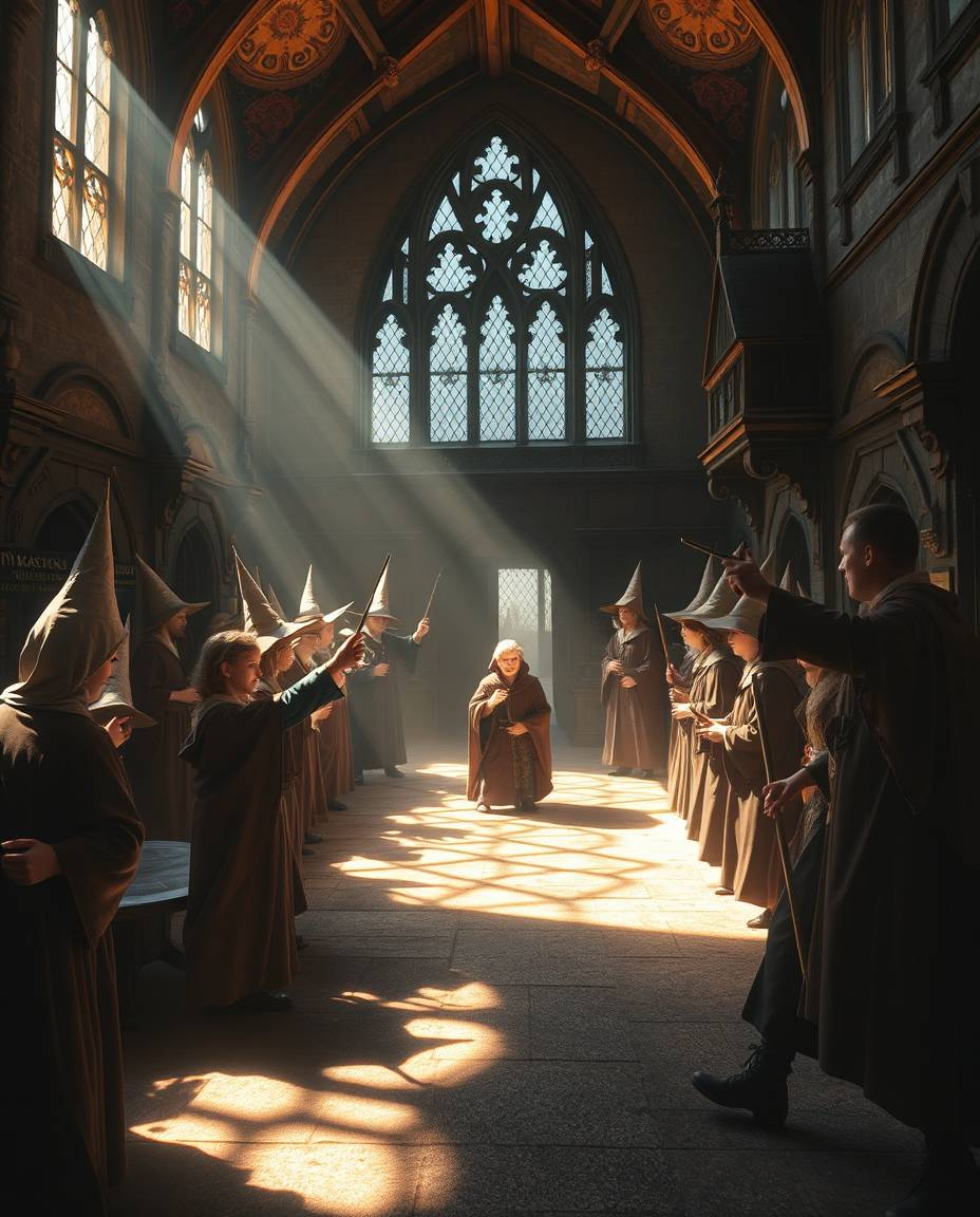 Explore a captivating magical school bustling with young wizards, brought to life with striking hard light that casts dramati