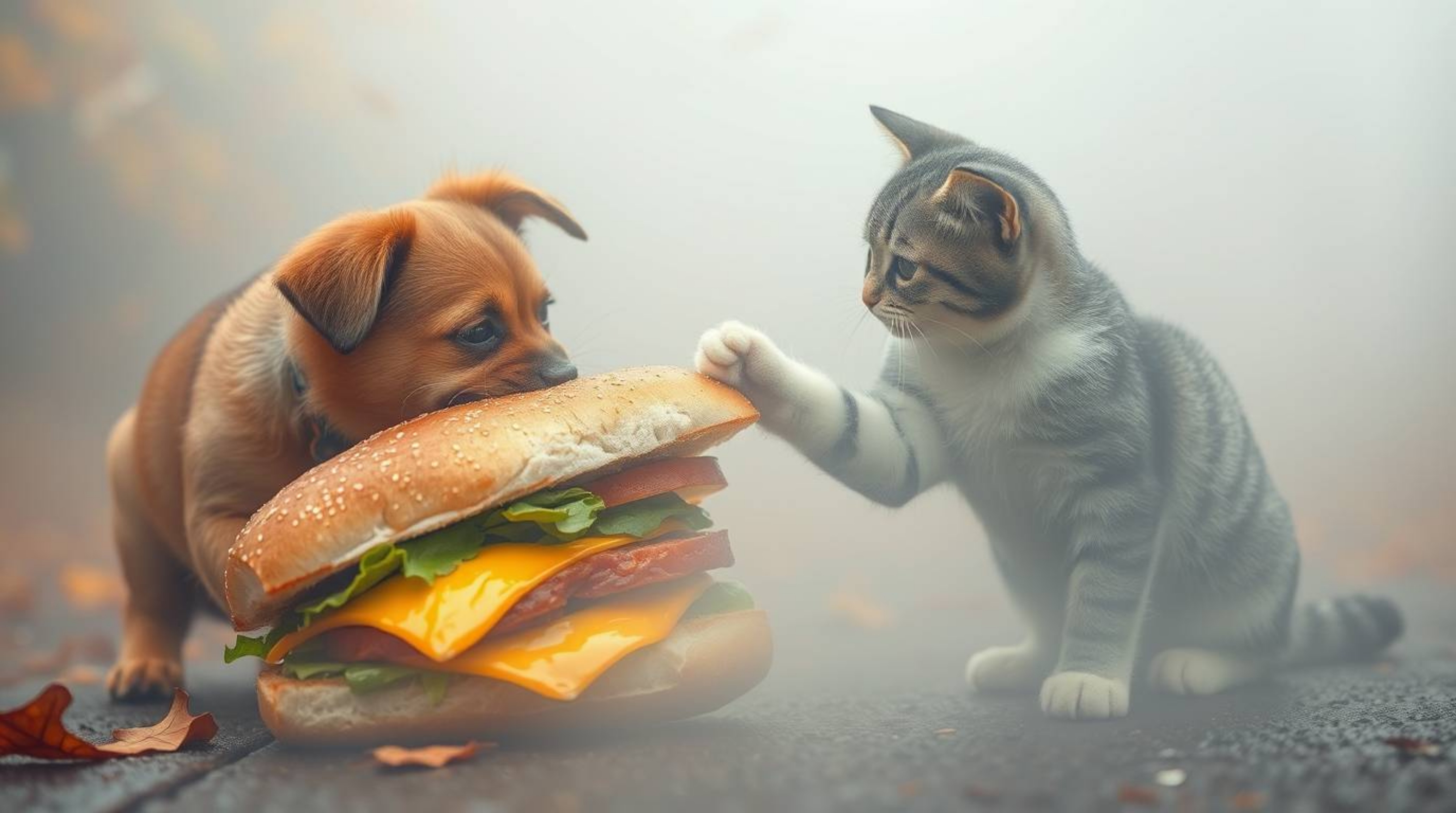 A captivating photograph captures a comical clash between a dog and a cat, both vying for a massive sandwich amidst a thick f