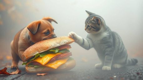 A captivating photograph captures a comical clash between a dog and a cat, both vying for a massive sandwich amidst a thick f