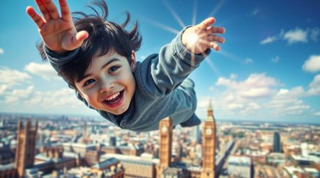Capture the magic of childhood with this high-resolution stock photo featuring a young boy soaring above London, propelled by