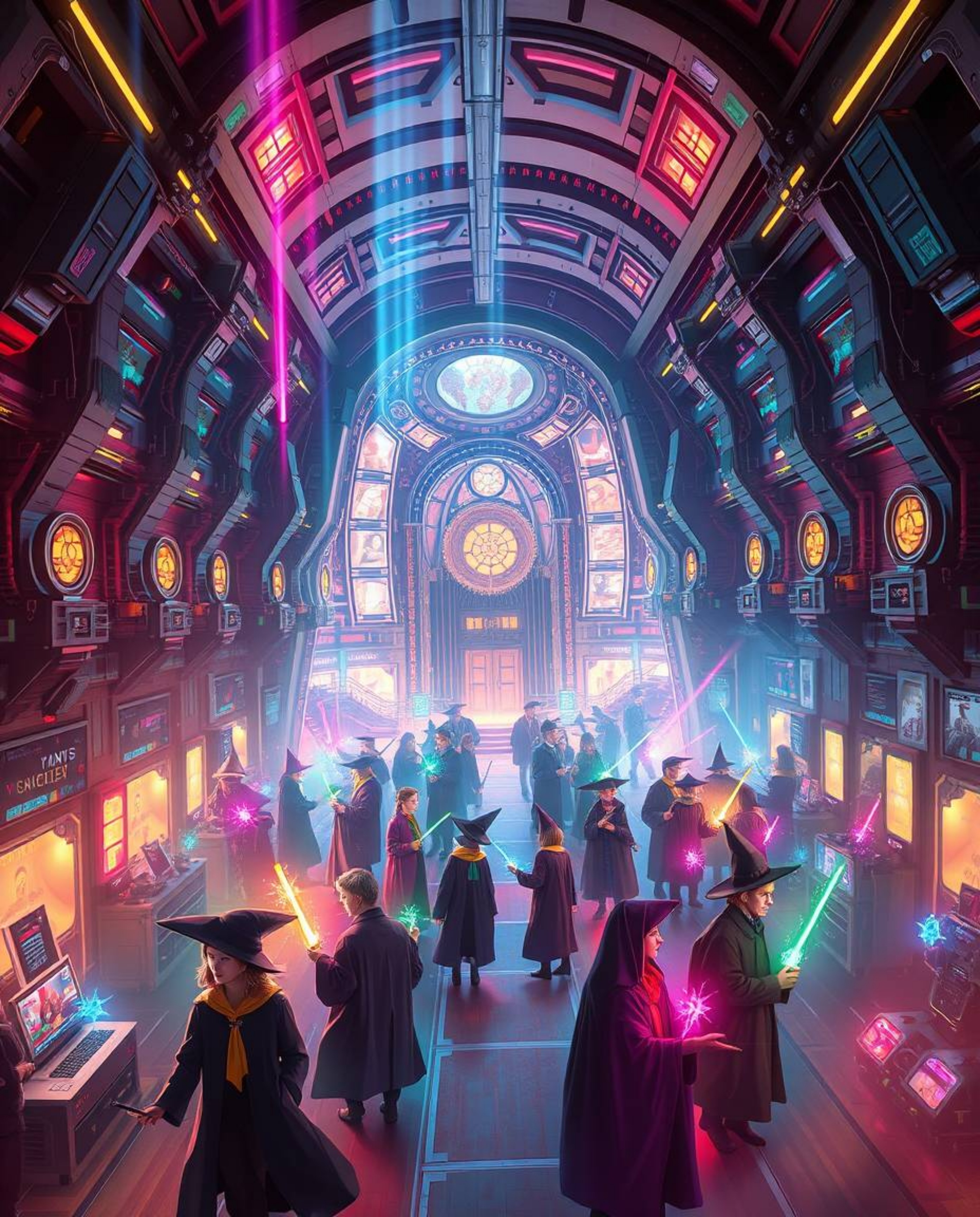Explore a magical school brimming with young wizards, rendered in a futuristic sci-fi style with vibrant colors and captivati