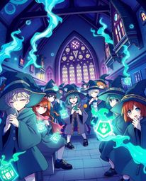 Immerse yourself in a breathtaking isekai anime-style illustration of a magical school teeming with young wizards.  Bathed in