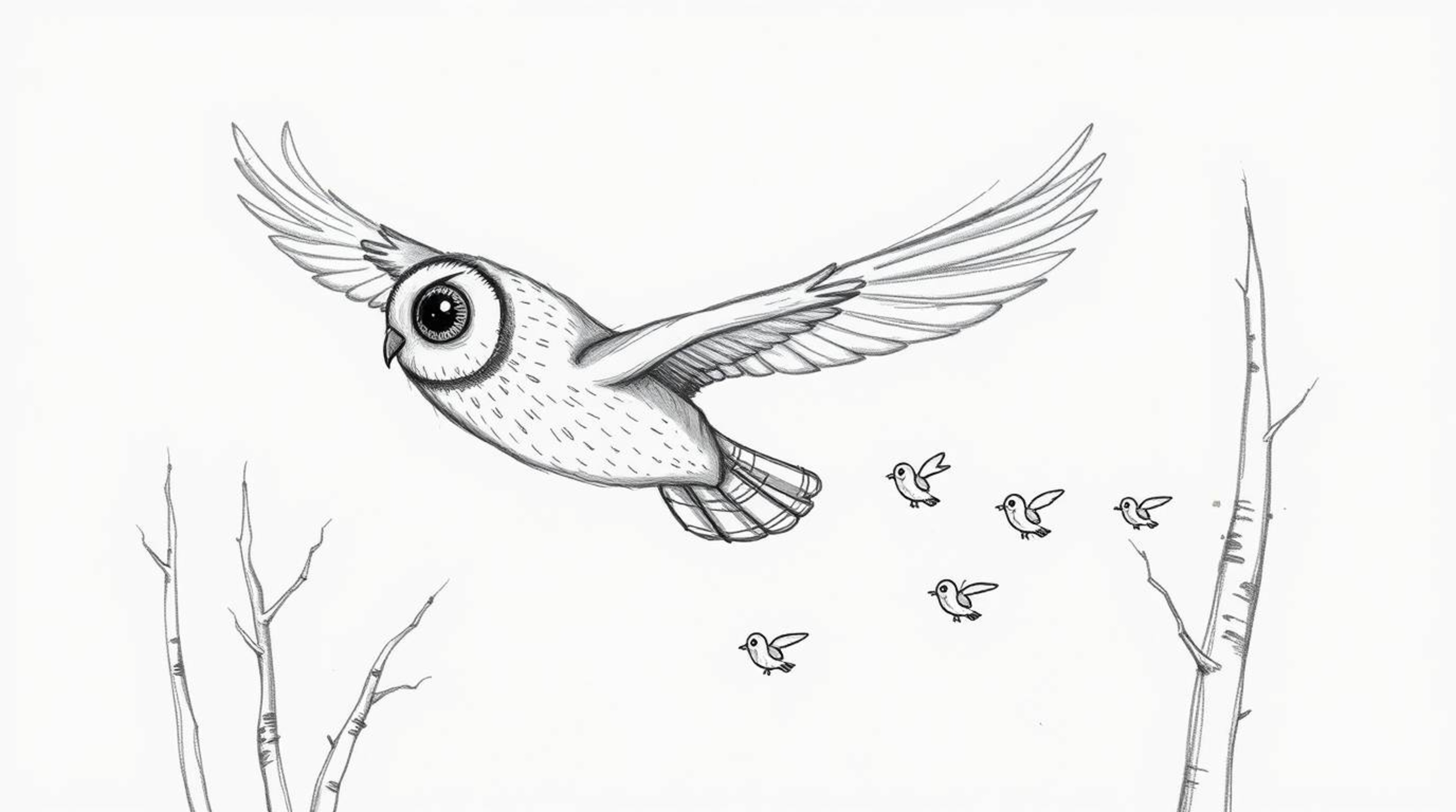 A charming hand-drawn sketch in the style of Pixar depicts a blind owl gracefully gliding between trees, guiding a flock of b