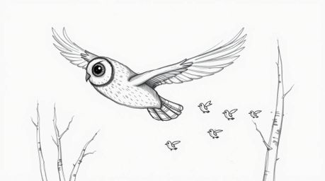 A charming hand-drawn sketch in the style of Pixar depicts a blind owl gracefully gliding between trees, guiding a flock of b
