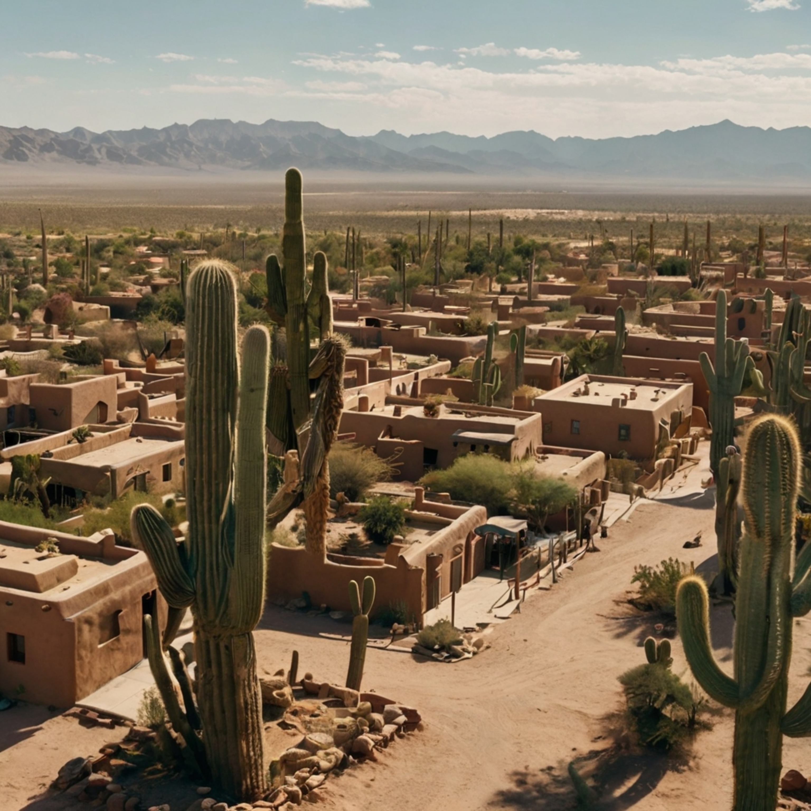 Immerse yourself in a sprawling desert city characterized by its distinctive adobe buildings, wide sun-baked streets, and the