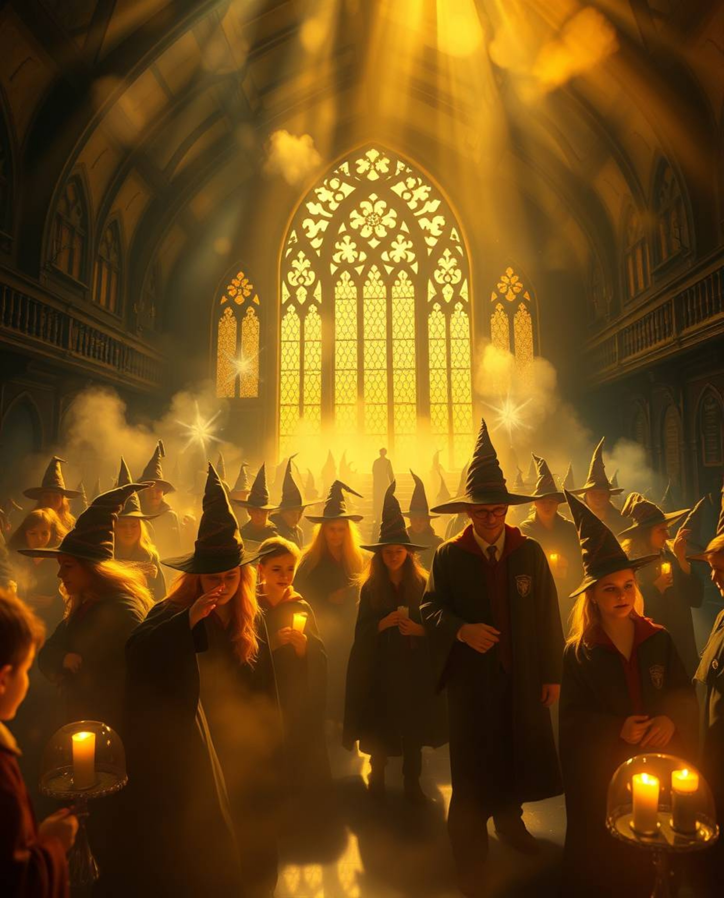 Immerse yourself in the enchanting world of a magical school brimming with young wizards.  Bathed in a warm, golden glow, the