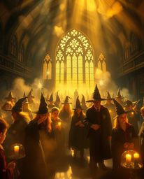 Immerse yourself in the enchanting world of a magical school brimming with young wizards.  Bathed in a warm, golden glow, the