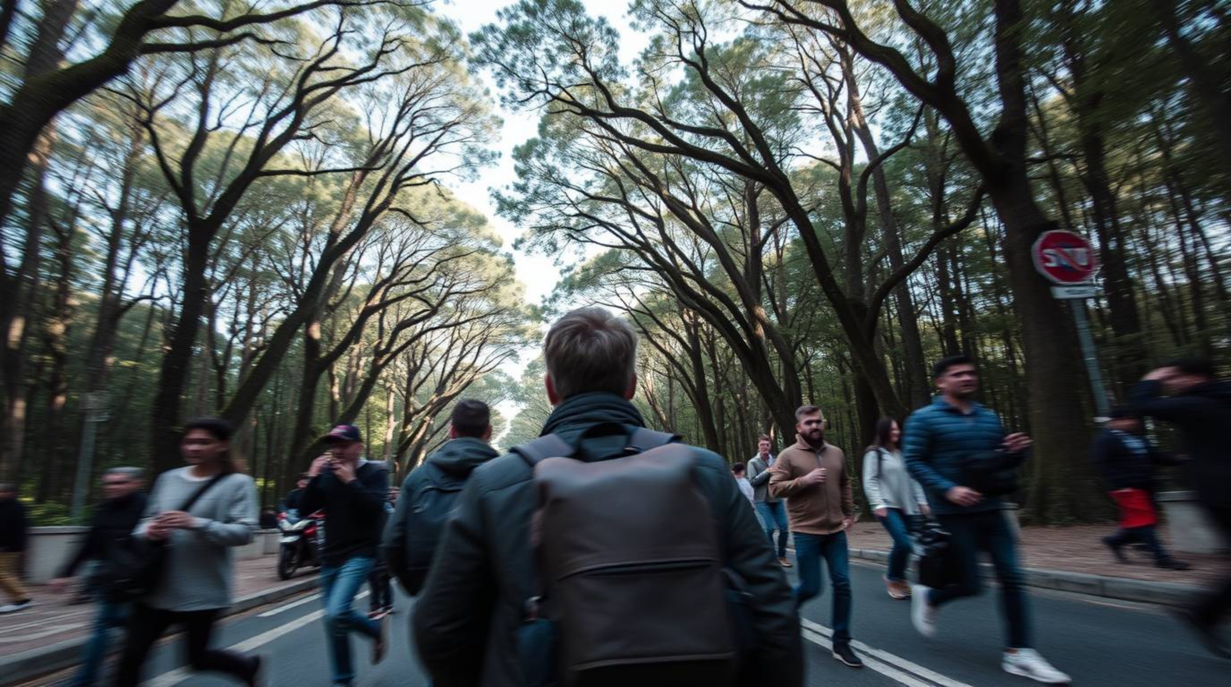 Experience the thrill of a candid street photography series capturing a chase unfolding against a looping forest backdrop.  T