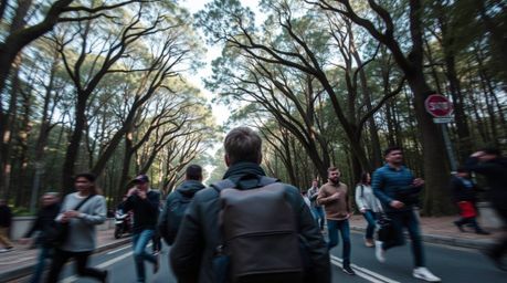 Experience the thrill of a candid street photography series capturing a chase unfolding against a looping forest backdrop.  T