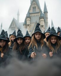 A high-resolution stock photo capturing the enchanting atmosphere of a magical school teeming with young wizards. The tight c