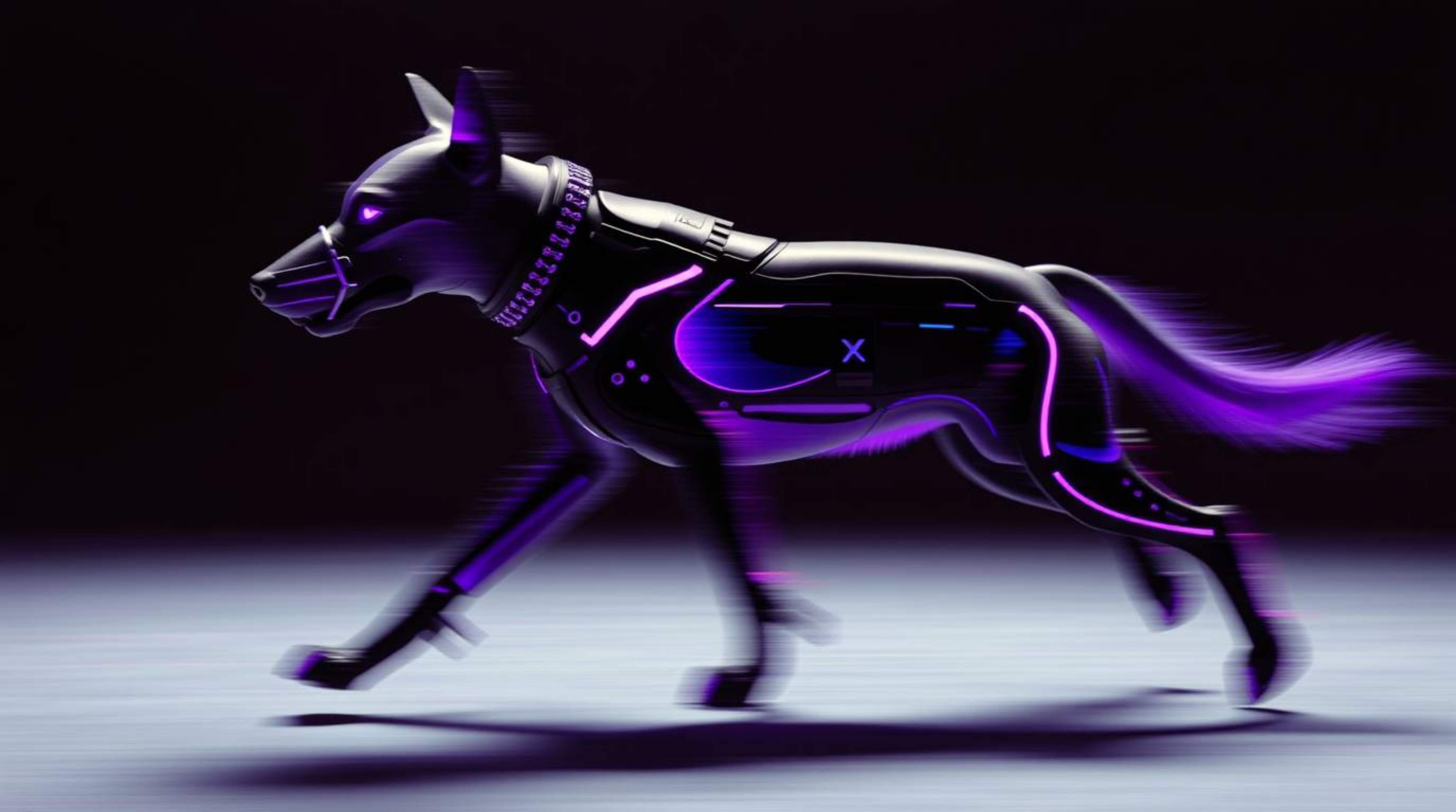 A futuristic dog, blurred in motion, walks itself through the vast expanse of space.  Rendered in deep ultraviolet hues, the 
