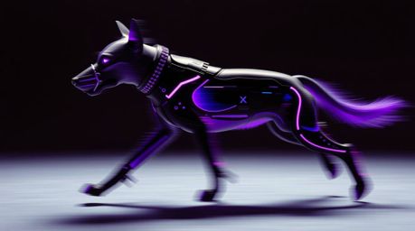 A futuristic dog, blurred in motion, walks itself through the vast expanse of space.  Rendered in deep ultraviolet hues, the 