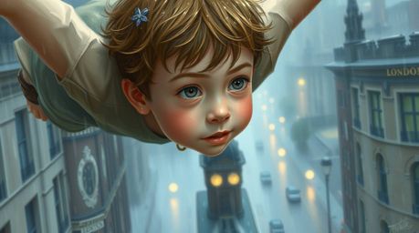 A whimsical digital painting depicts a young boy with gentle features, soaring above a rain-soaked London.  Pixie dust gliste