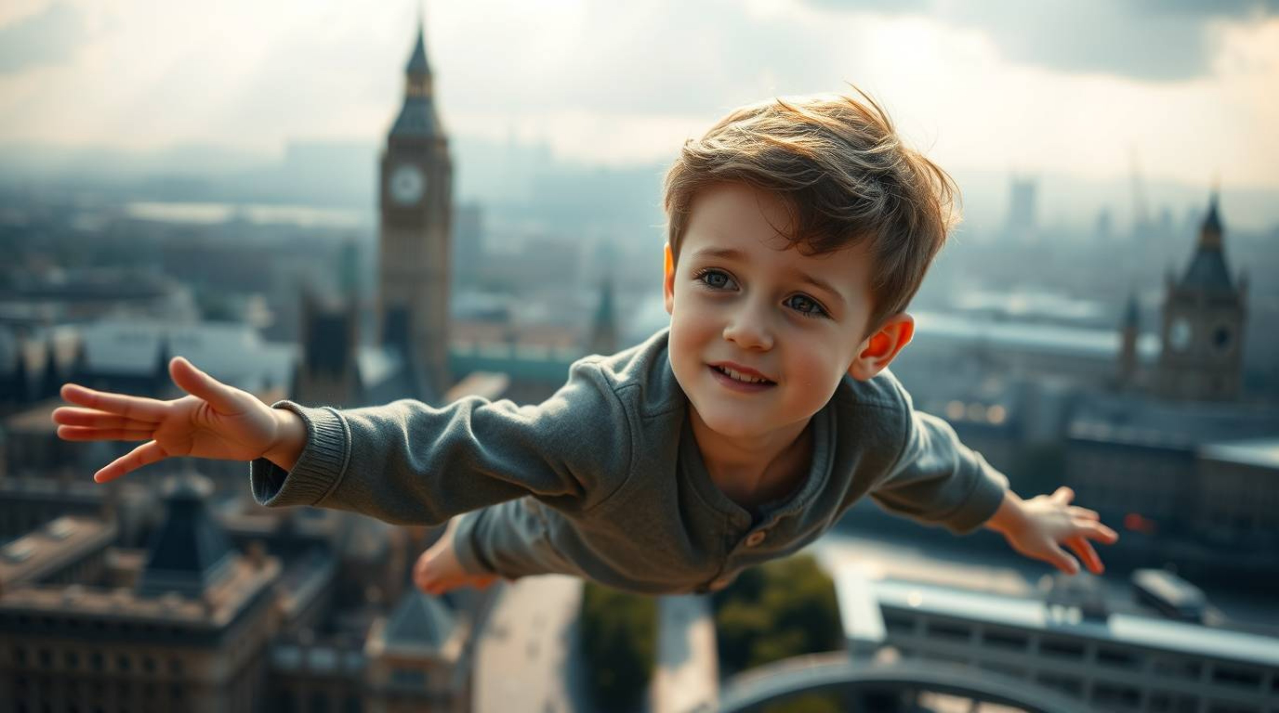 A young boy with refined features, light skin, and a touch of pixie dust, gracefully soars above the iconic skyline of London