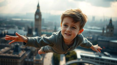 A young boy with refined features, light skin, and a touch of pixie dust, gracefully soars above the iconic skyline of London