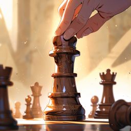 A meticulously hand-carved wooden chess piece is showcased against a backdrop of soft, ambient lighting. The image highlights