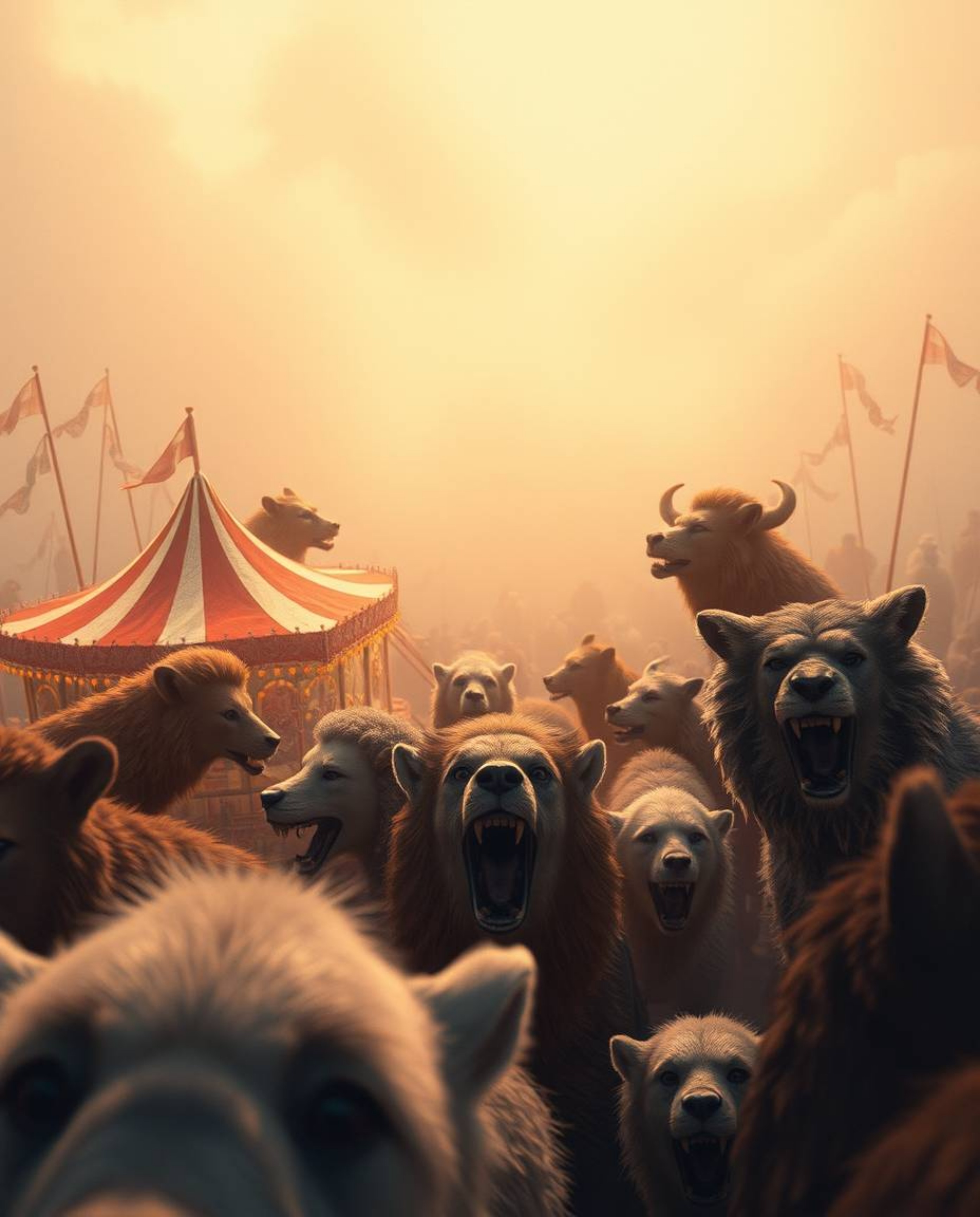 Experience a captivating soft cinematic illustration depicting a carnival unexpectedly overrun by wild animals. Captured from