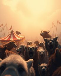 Experience a captivating soft cinematic illustration depicting a carnival unexpectedly overrun by wild animals. Captured from