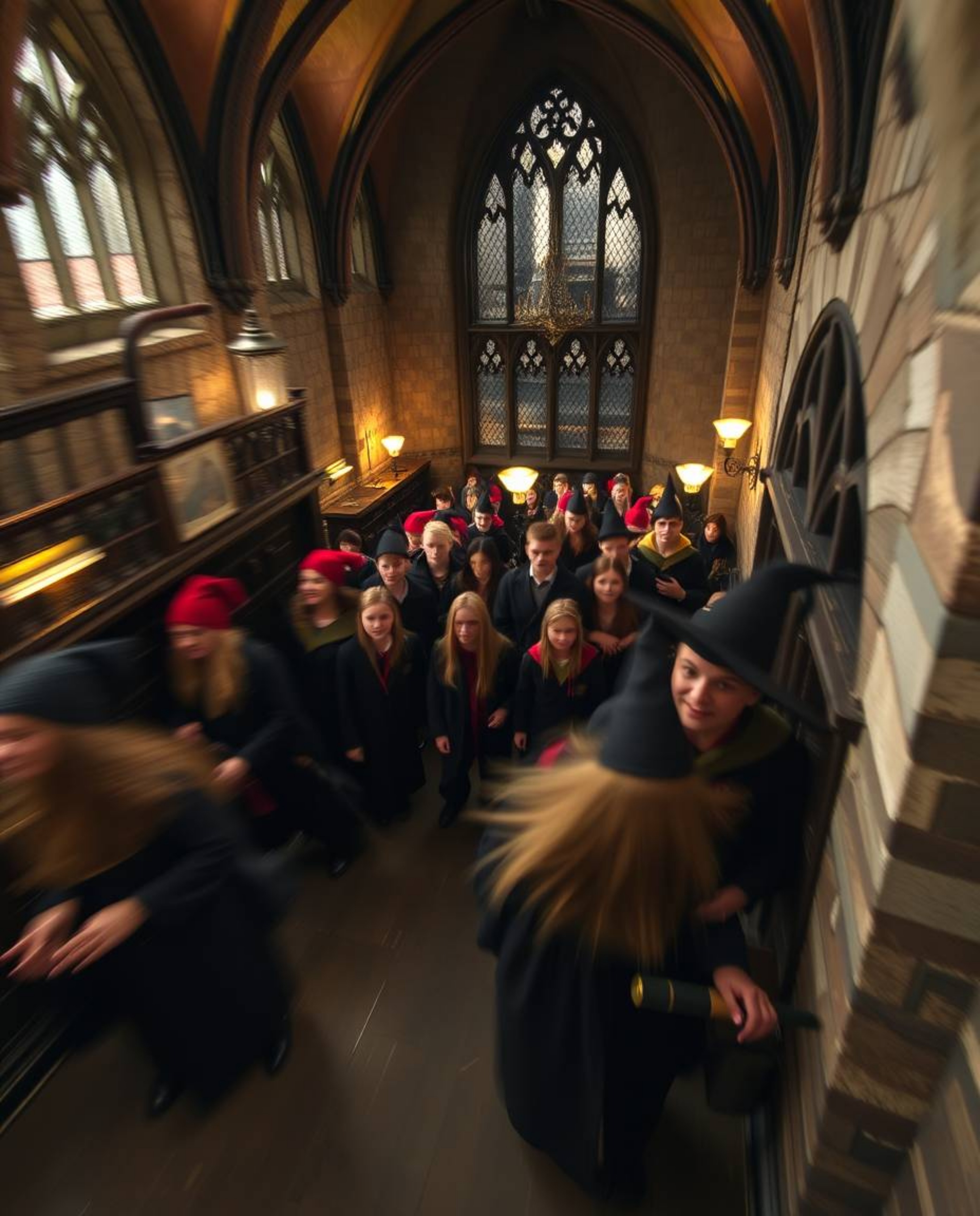 Experience the wonder of a magical school bustling with young wizards in this captivating high-angle, long-exposure photograp