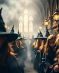 Experience the enchanting world of a magical school through this cinematic photograph, filled with young wizards. The soft ha