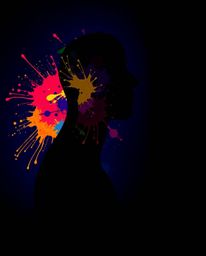 A vibrant and dynamic artwork featuring a human silhouette constructed from a kaleidoscope of colorful splash patterns. This 