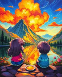 A bright and vibrant acrylic painting captures a lively and energetic scene where adorable and cute characters with charming 