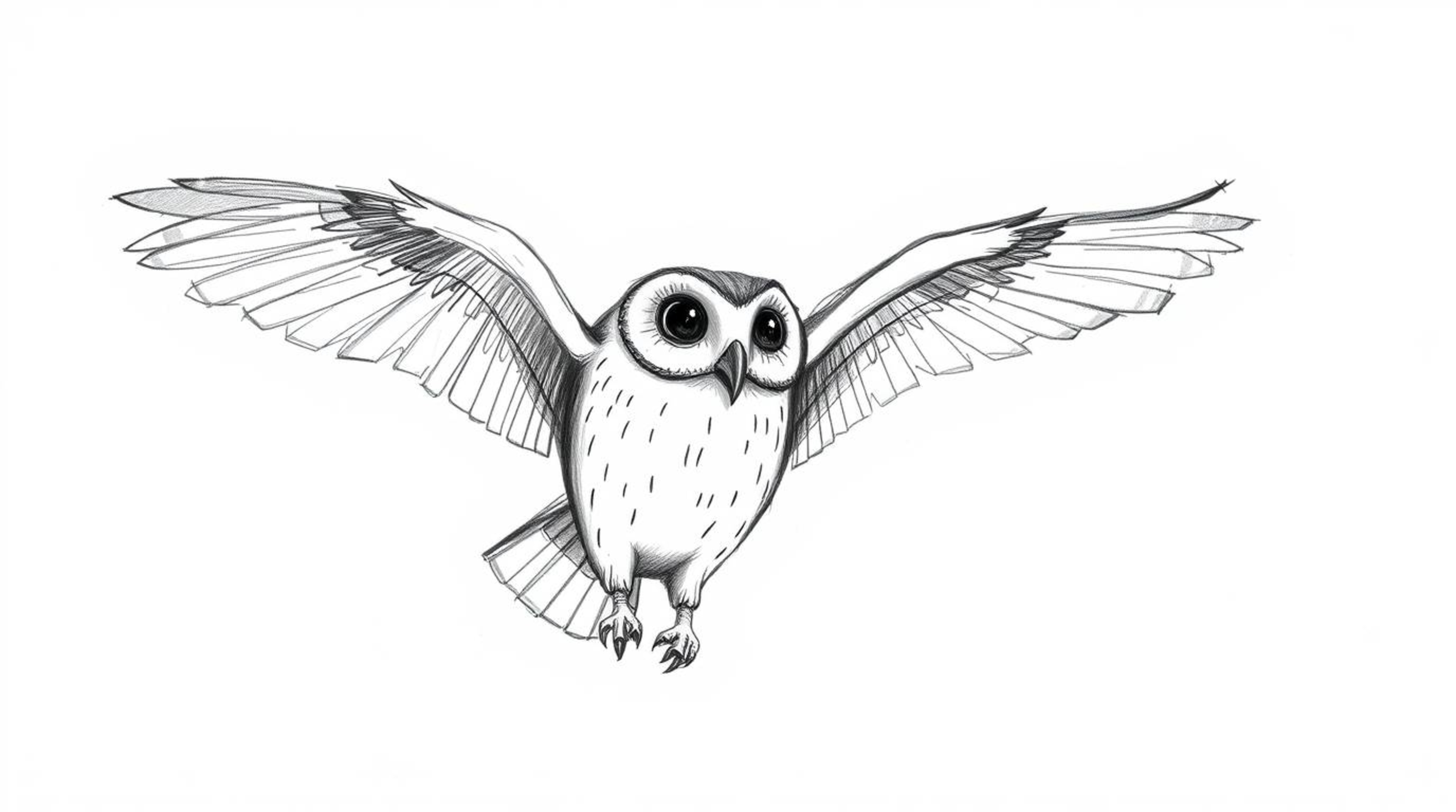 A heartwarming, hand-drawn sketch in the style of Pixar depicts a blind owl, rendered with textured pencil strokes and rough 