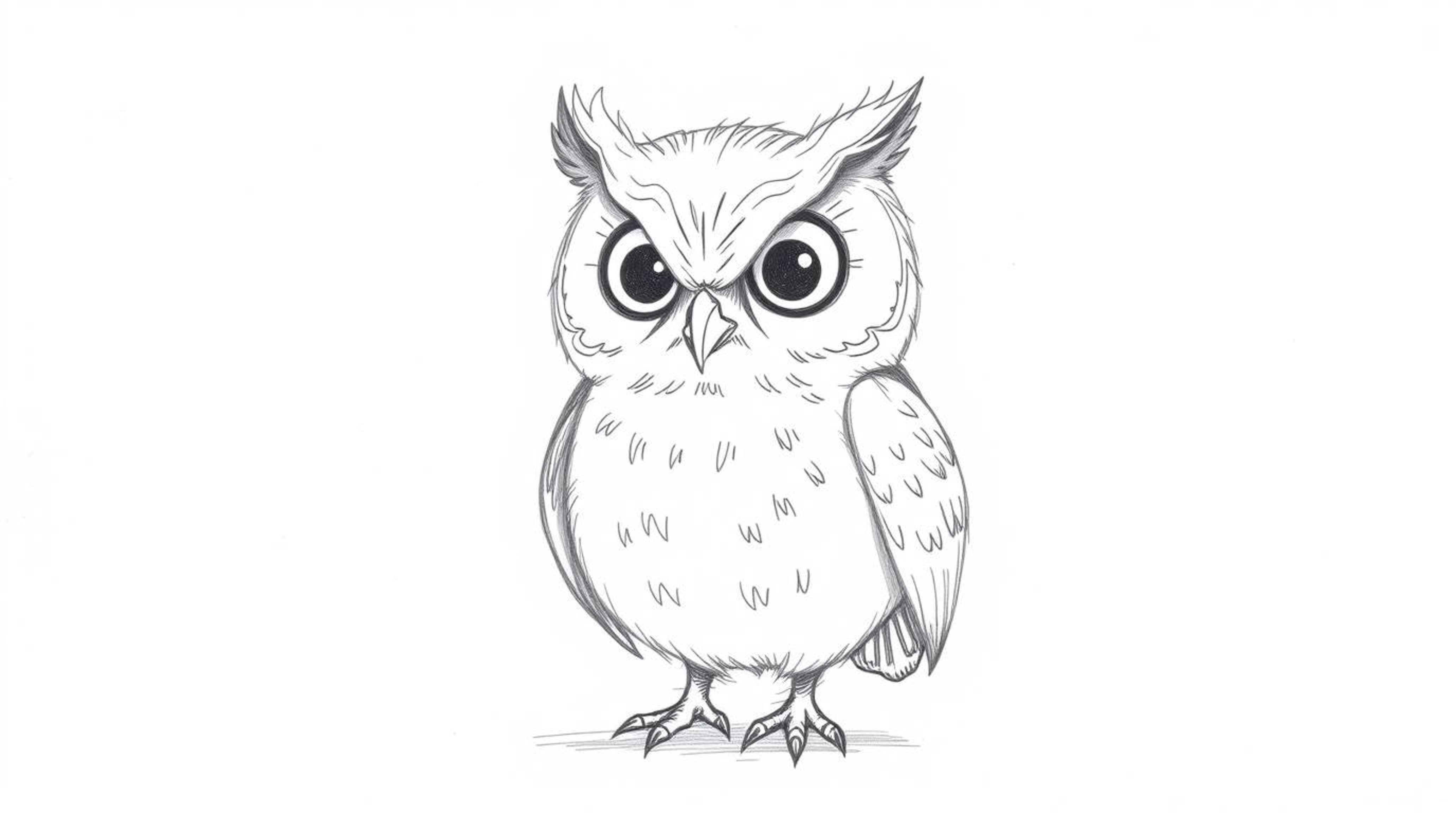 A heartwarming hand-drawn sketch in the style of Pixar depicts a blind owl with large, expressive eyes and soft feathers, pas