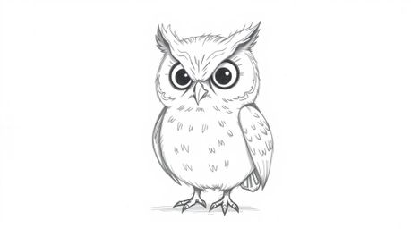 A heartwarming hand-drawn sketch in the style of Pixar depicts a blind owl with large, expressive eyes and soft feathers, pas