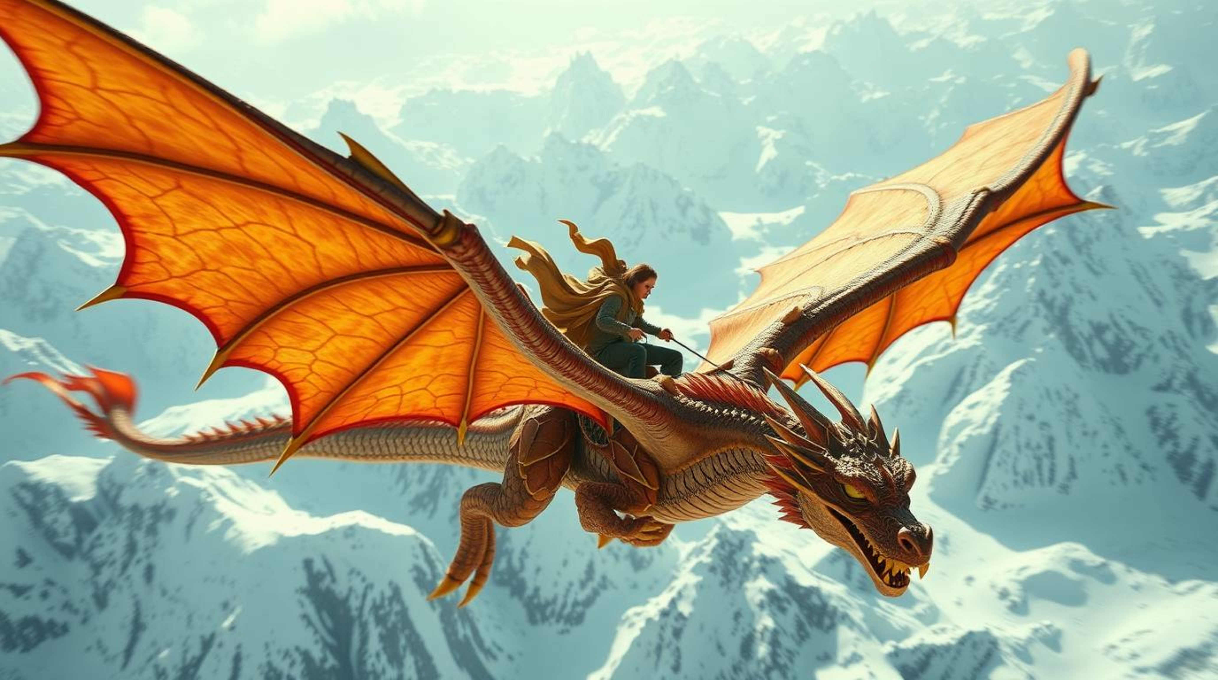 A breathtaking architectural color photograph depicts a dynamic scene of a dragon and its rider soaring above a majestic rang