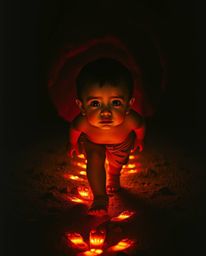 A young child with rosy cheeks and bright eyes embarks on a mysterious adventure, following a trail of warm, glowing orange a
