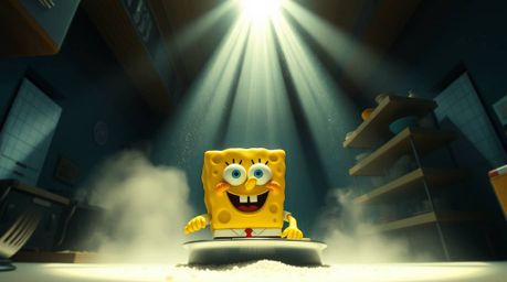 Explore a whimsical underwater scene where a sponge character is immersed in the art of cooking. Captured from a dramatic low