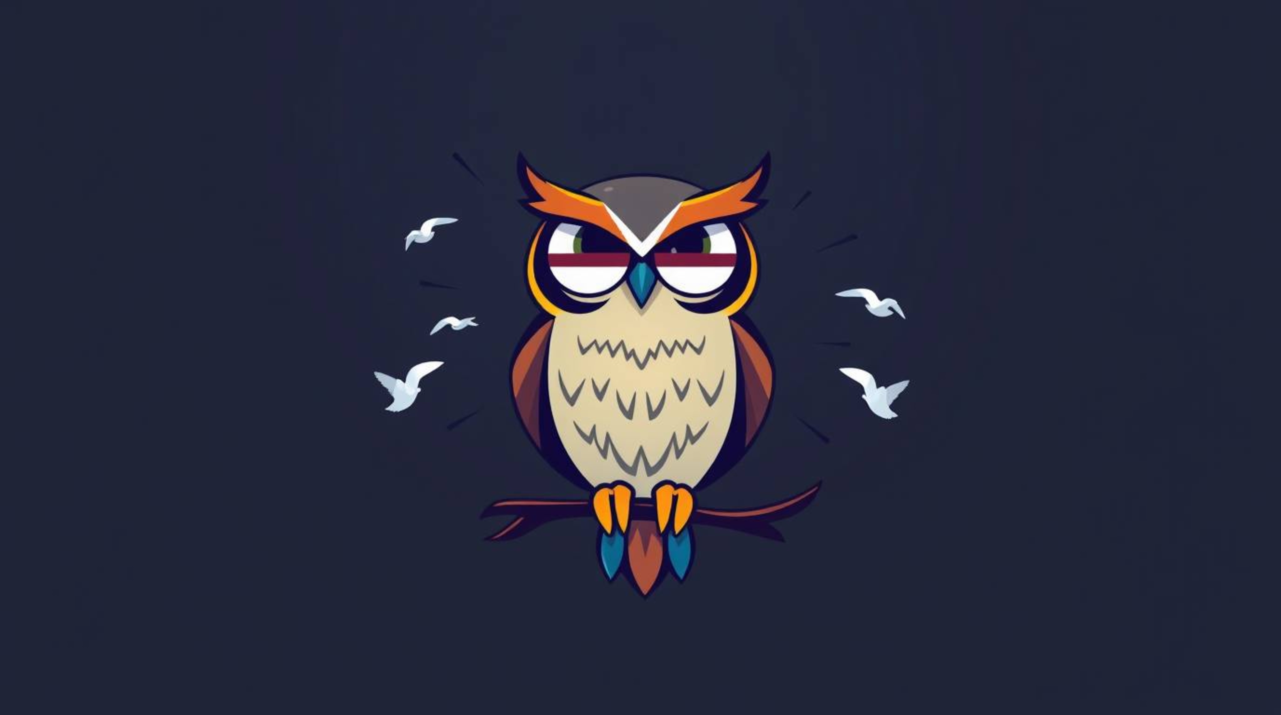 A Pixar-style illustration featuring a blind owl with geometric shapes and clean lines, dedicated to teaching birds how to fl