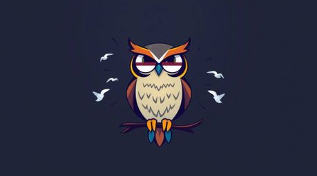 A Pixar-style illustration featuring a blind owl with geometric shapes and clean lines, dedicated to teaching birds how to fl