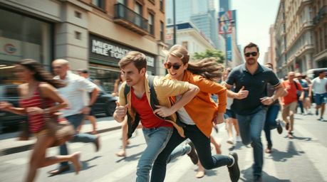 Immerse yourself in the bright and vibrant world of candid street photography with this energetic chase scene. The image capt