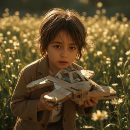 Explore a captivating world where a young boy, with bright eyes and impeccable style, builds an intricate cardboard spaceship
