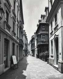 Experience a timeless black and white surreal street scene brought to life with a classic oil painting style. Elegant buildin