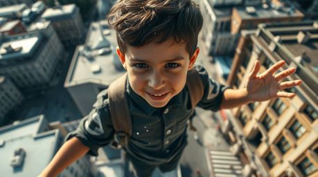 A captivating high-angle candid street photograph depicting a spontaneous moment of a young boy with tan skin and dark hair s