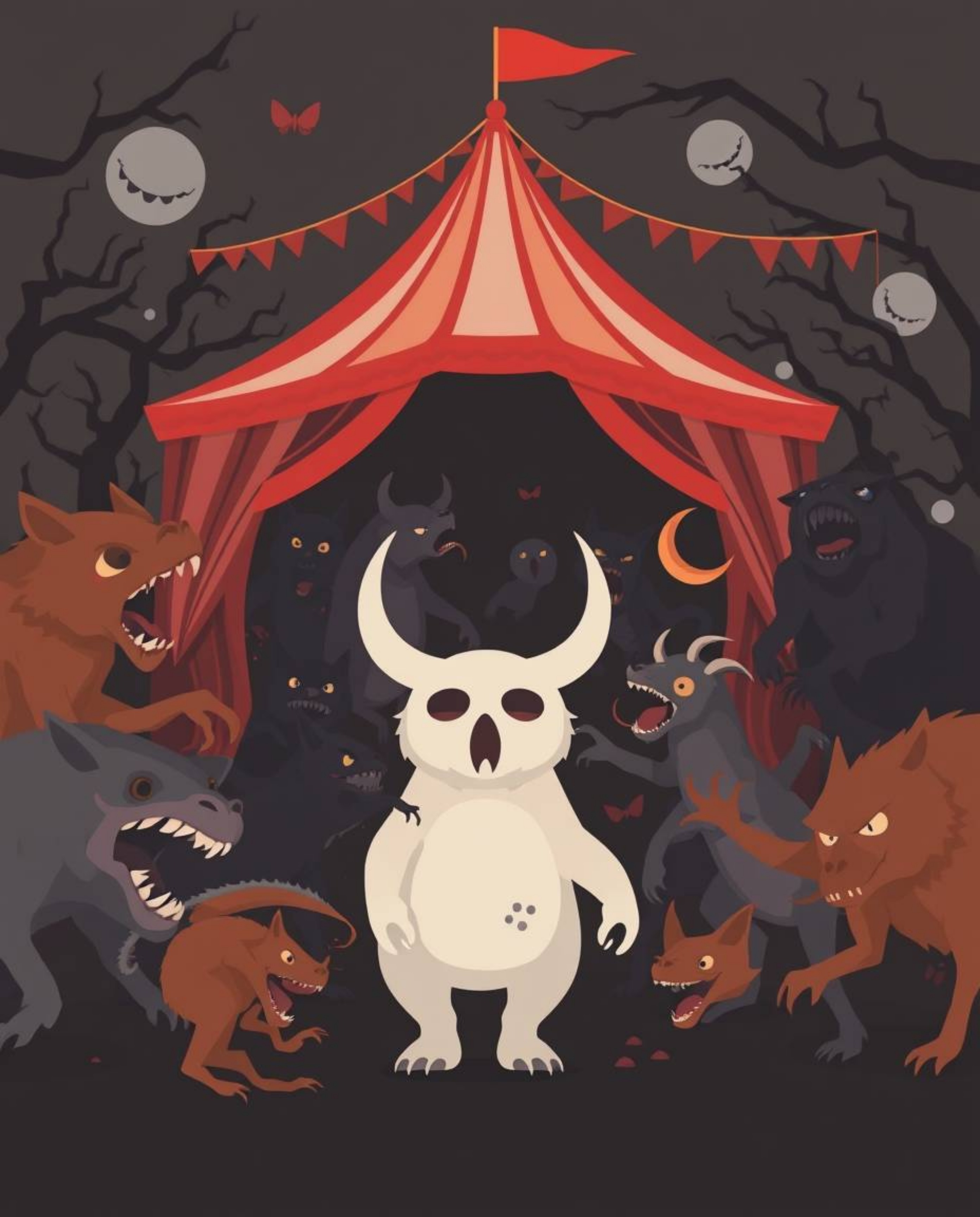 Experience a chilling twist on traditional fun with this modern flat design carnival overtaken by wild animals. The dark tone