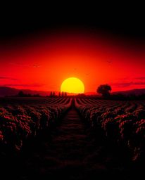This artwork depicts a sunset over a vineyard in an intense, jet black Isekai anime style. Featuring an expressive compositio