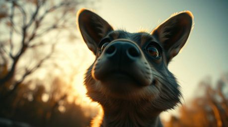 A captivating low-angle shot, bathed in warm golden hour light, showcases a sarcastic animal sidekick with incredibly express