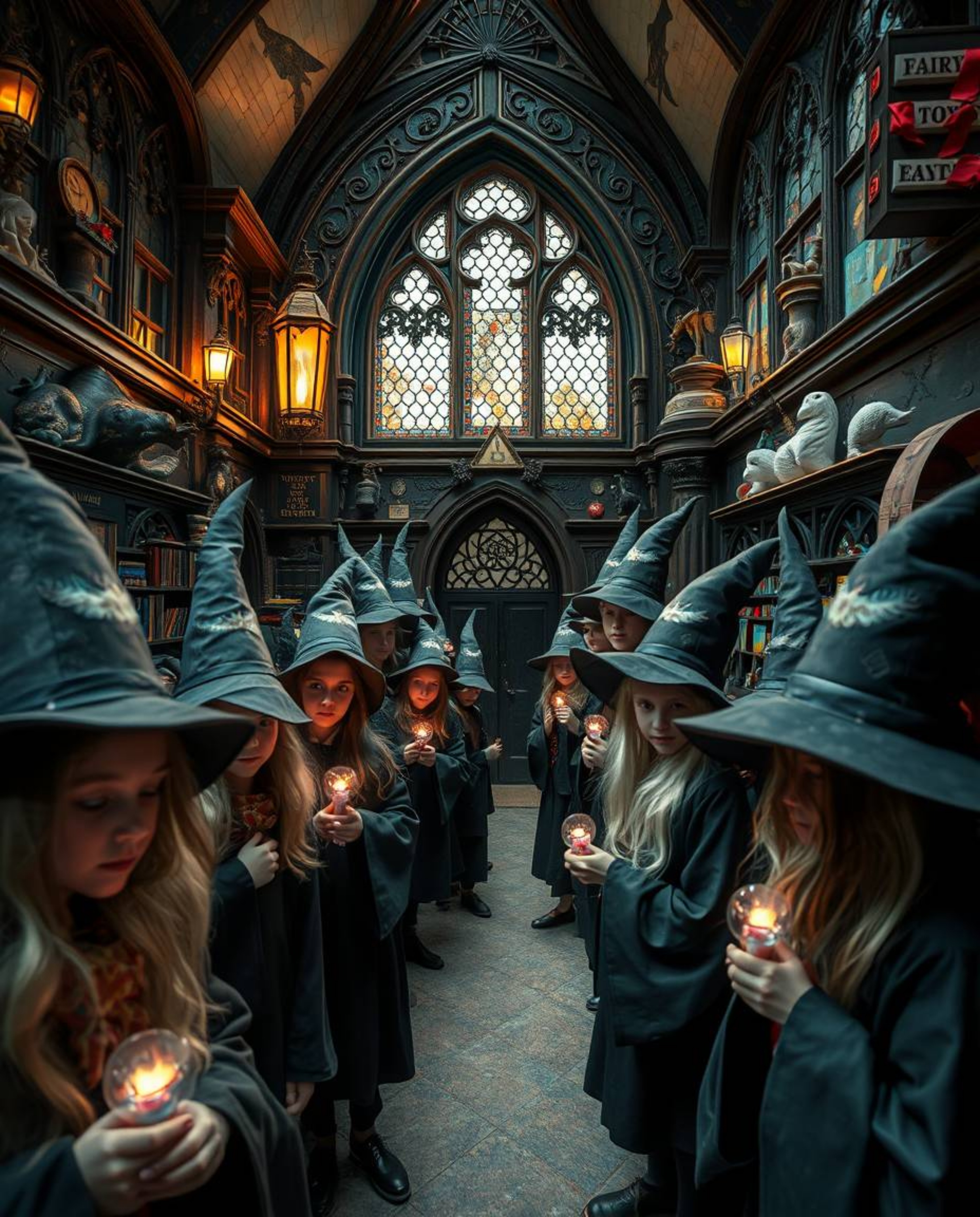 Experience a dreamlike and surreal close-up view of a magical school brimming with young wizards, where intricate details and